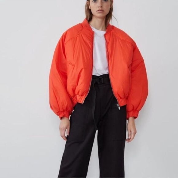 Zara red orange cropped zip front bomber long sleeve puffer jacket size xs - Picture 1 of 15